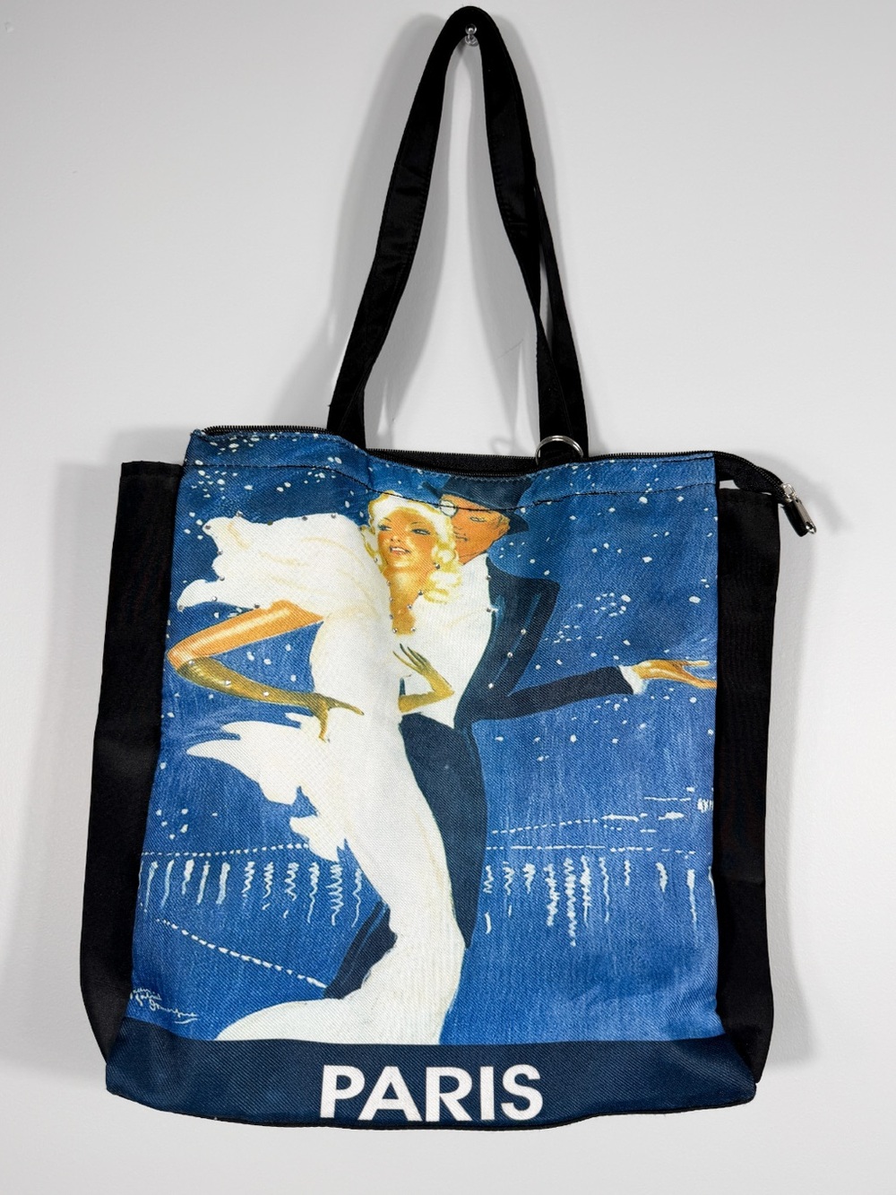 Paris Blue Artistic Tote Bag with Black Straps and charms
